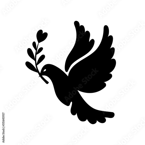 Black pigeon silhouette, dove of peace with olive branch. Russian Ukrainian military conflict symbol sign. Pray for Ukraine. Vector hand drawn illustration for world peace.