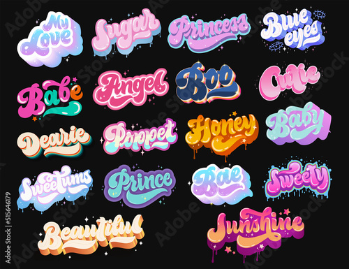 A set of stickers for a laptop. Hand-drawn lettering. It can be used for T-shirts, stickers, greeting cards. The illustration is carefully digitized and ready for use. Vector illustration.