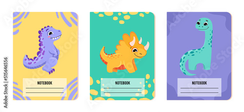 Set of cover page templates with cute dinosaurs and pastel colours. Vector cartoon illustration for school exercise books, notebooks, kids diaries.