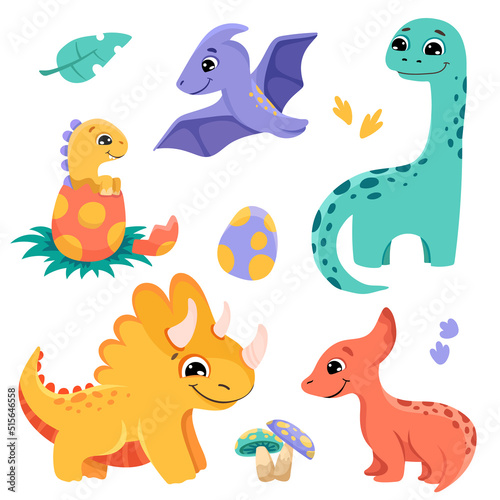 Cute dino collection with baby dinosaurs isolated on white background. Vector cartoon illustration for children design, kids print, baby shower decor.