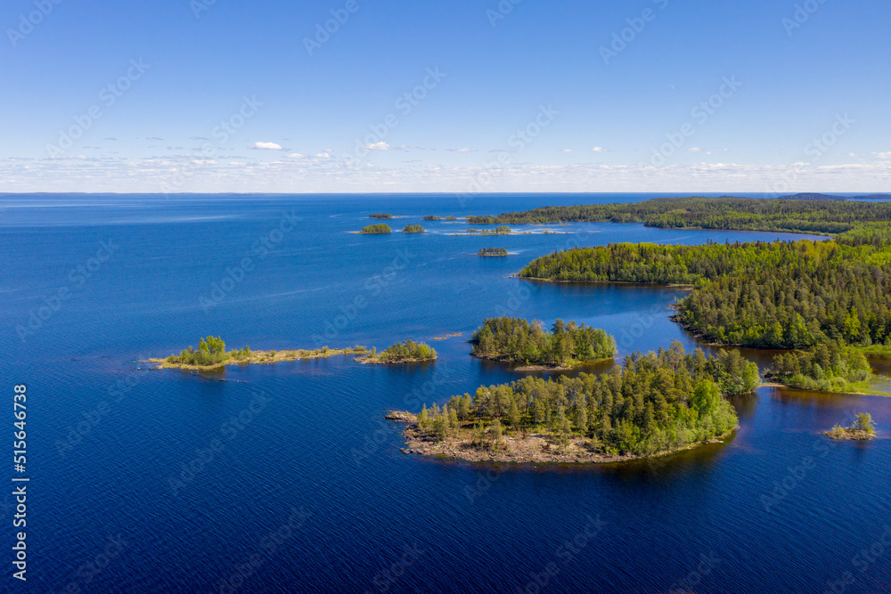 Drone view of Valaam island and Ladoga lake on sunny summer day. Karelia, Russia.