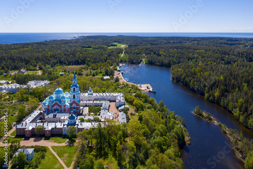 Aerial view of Valaam Monastery and Monastery bay on sunny summer day. Ladoga lake, Karelia, Russia.