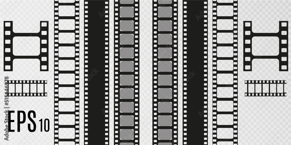 	
Set of film vector stripes isolated on transparent background.Film strip roll. Vector cinema background.