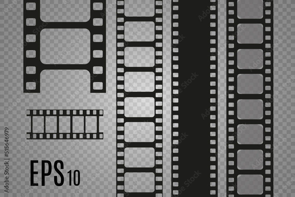 	
Set of film vector stripes isolated on transparent background.Film strip roll. Vector cinema background.