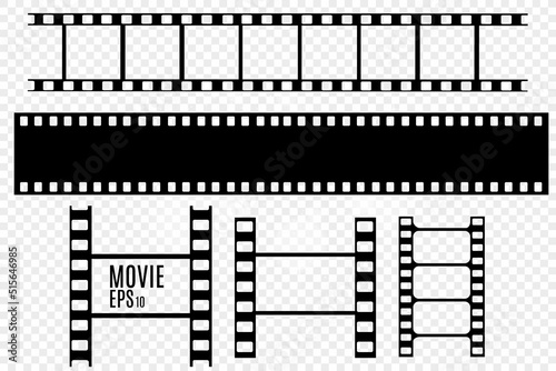  Set of film vector stripes isolated on transparent background.Film strip roll. Vector cinema background.