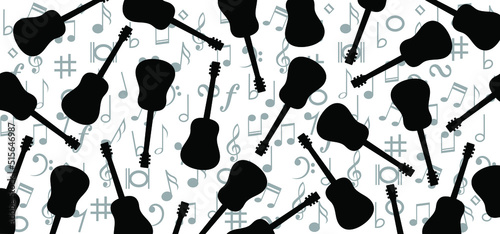 Misic note symbol. Notes pattern. Musician, guitar player or guitaris banner. Cartoon bass, acoustic, rock electric, guitars headstock. Music silhouette Vector guitars icon or logo. photo