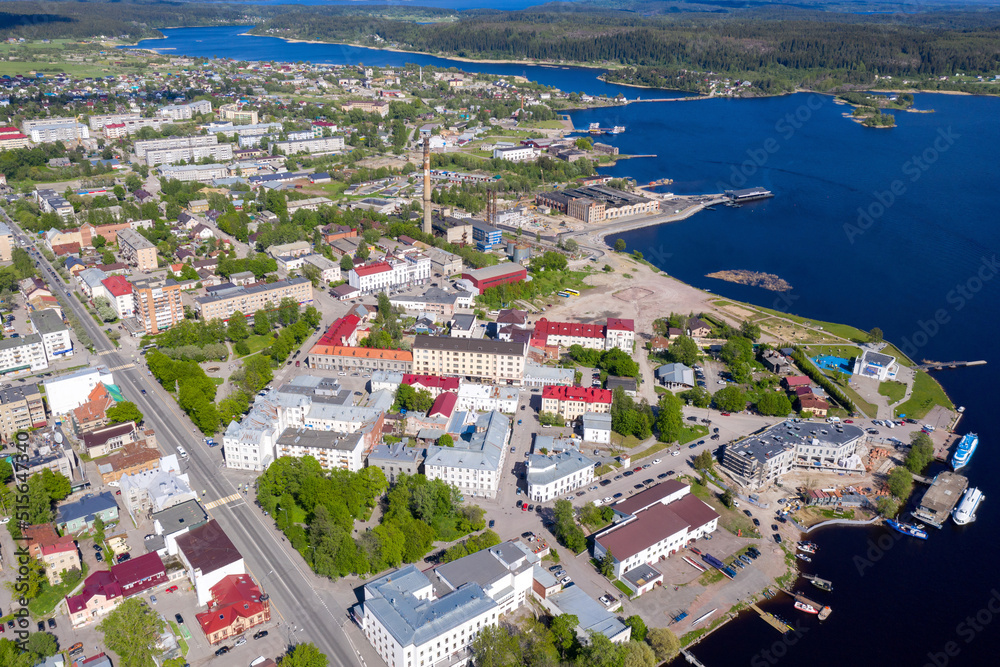 Aerial view of central part of Sortavala town on sunny summer day. Karelia, Russia.