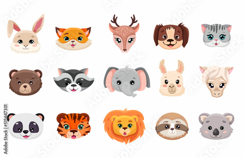 Fototapeta Naklejka Na Ścianę i Meble -  Big Set of cute animal face heads. Collection of baby characters in cartoon style. Vector illustration for nursery décor, children posters, birthday greeting cards, baby shower, textile printing