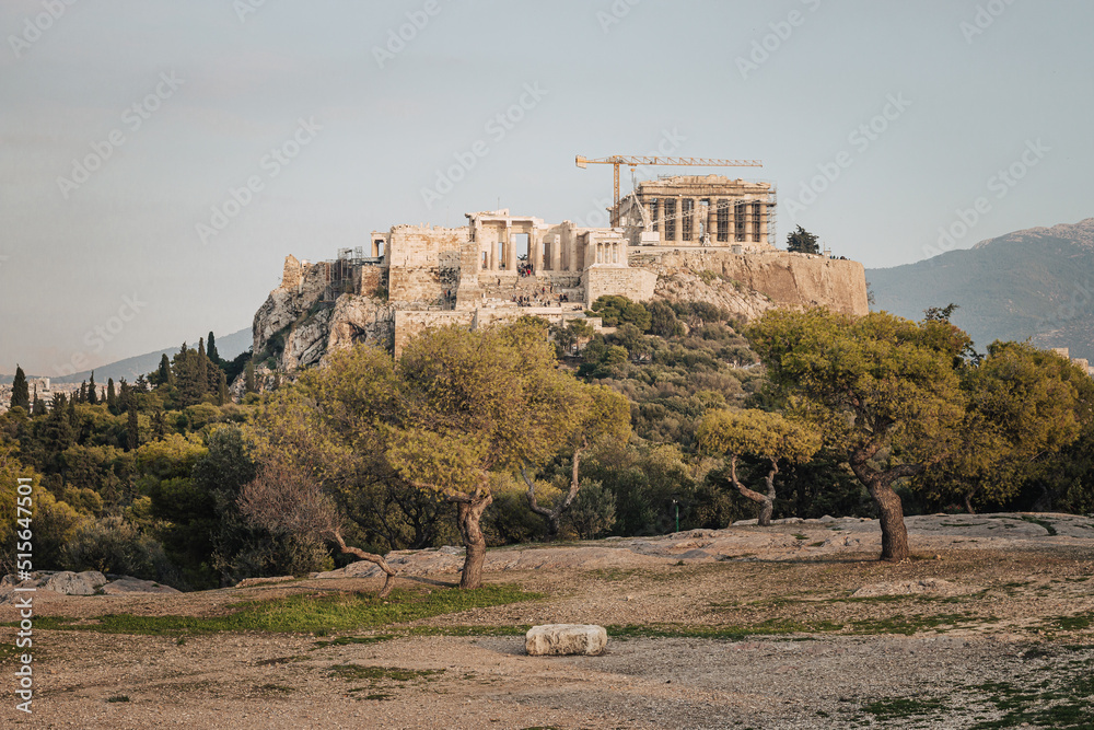 Athens, Greece - November 25th, 2017 : Parthenon on the Acropolis on a late afternoon with construction work and cranes. Trees and grass in the foreground.