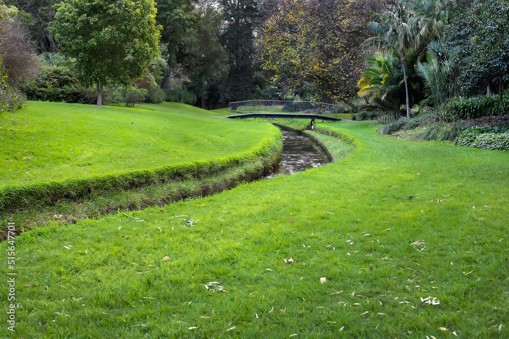 Fototapeta premium Landscape, city park, green lawn covered with grass, small stream and small bridge in the background