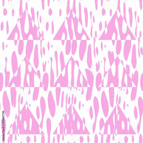 Vector seamless background with pink chaotic lines. Spots of pink paint. Background with geometric objects. Pattern with triangles. Pink brush strokes over white background.