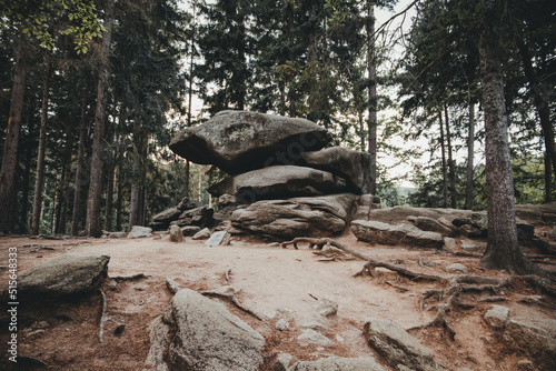 Chybotek, balancing rock in Szklarska Poreba, Sudeten mountains, Poland.