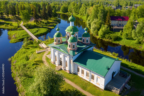 Drone view of Smolensky cathedral on sunny summer day. Olonets town, Karelia, Russia. photo