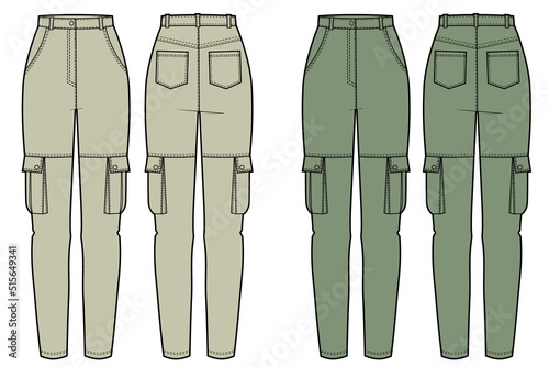 Cargo Pants fashion flat technical drawing template.