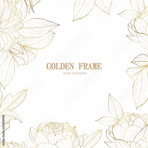 Golden peony flowers. Background Illustration. Line flowers frame. Exotic hawaiian jungle, summer time border frame. 
