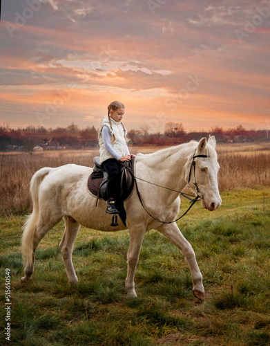 Cute girl sitting on a horseback at autumn sunset © Tetatet