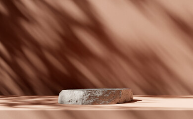 Natural stone podium for beauty and spa cosmetic brand display on brown background wall with plant shadow. Luxury granite material neutral aesthetic interior scene for product placement. 