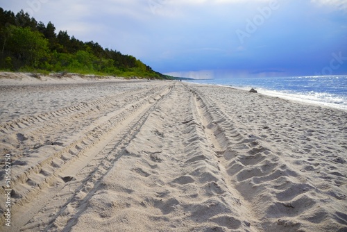 Beautiful view of a sandy beach with forest in the background in Pobierowo, Poland photo