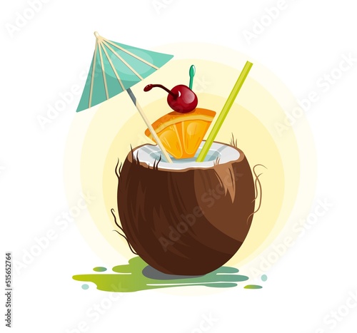 Cocktail in coconut. Umbrella, tube, orange, cherry, coconut. Summer beach vector illustration
