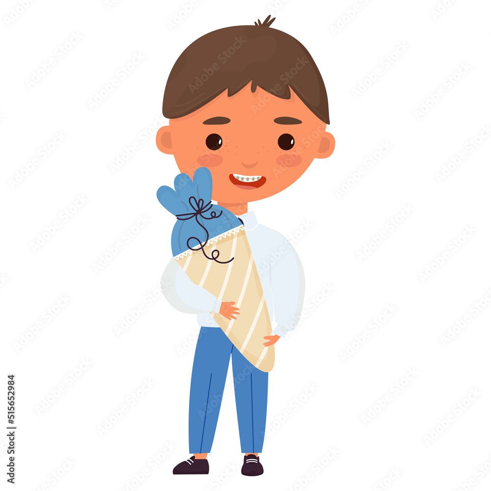 boy with school cones. cheerful student holds traditional bag with sweets. Beginning of school year, back to school concept. Editable vector illustration, isolated cartoon character boy with school cones. cheerful student holds traditional bag with sweets. Beginning of school year, back to school concept. Editable vector illustration, isolated cartoon character