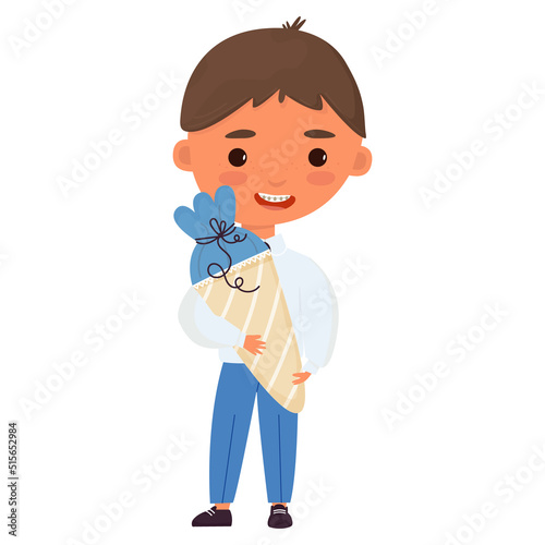 boy with school cones. cheerful student holds traditional bag with sweets. Beginning of school year, back to school concept. Editable vector illustration, isolated cartoon character