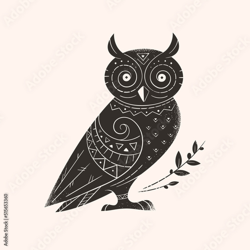 Tribal, ethnic, ancient style owl vector illustration. Stylish logo, icon, tattoo, poster or print design. 