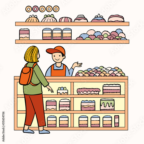 A girl buys a cake in a pastry shop.