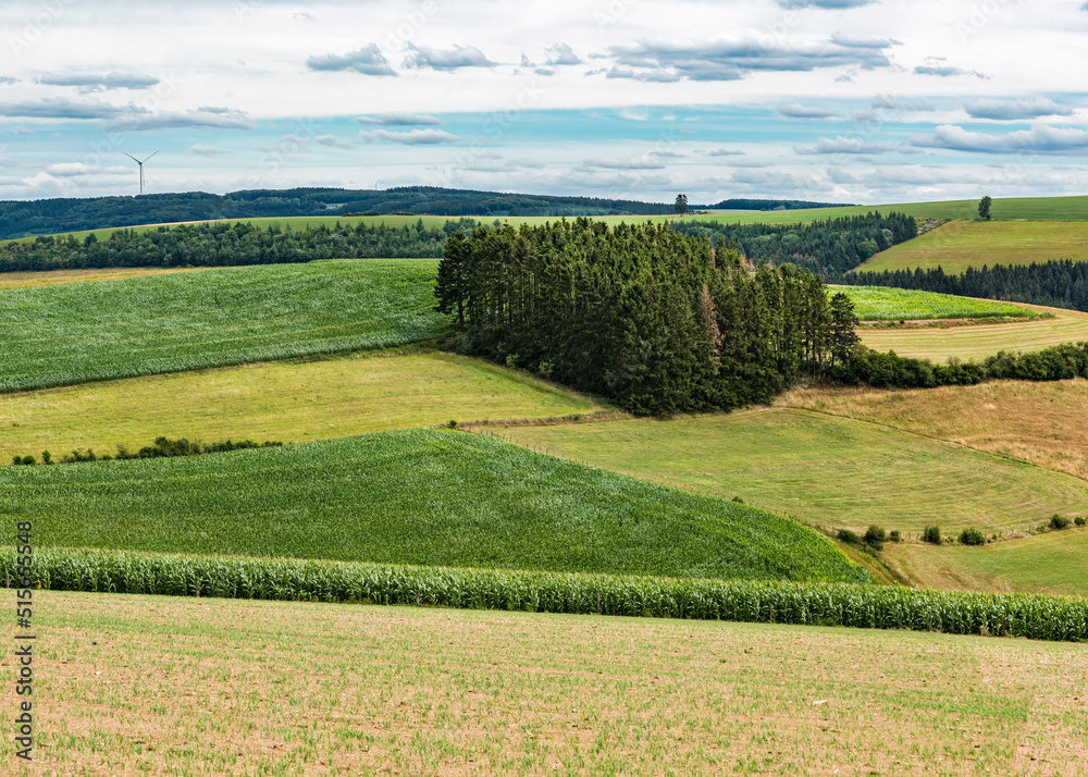 Panoramic view over the agriculture fields and meadows of the East-Belgian countryside near Burg-Reuland