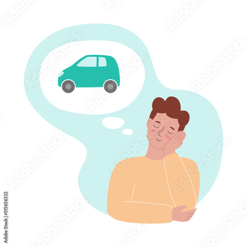 A man thinking of his dream of car with closed eyes. Vector illustration isolated on white background