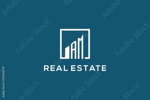Letter AM square line with building logo design, creative monogram logo style for real estate company