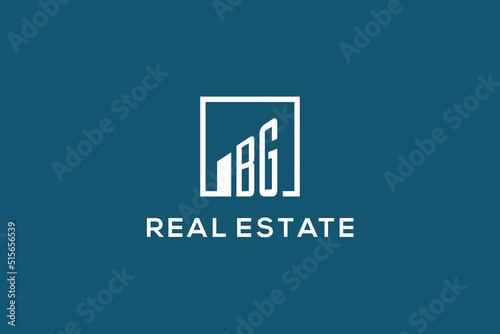 Letter BG square line with building logo design, creative monogram logo style for real estate company