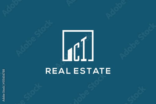 Letter CI square line with building logo design, creative monogram logo style for real estate company