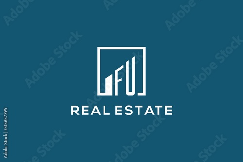 Letter FU square line with building logo design, creative monogram logo style for real estate company