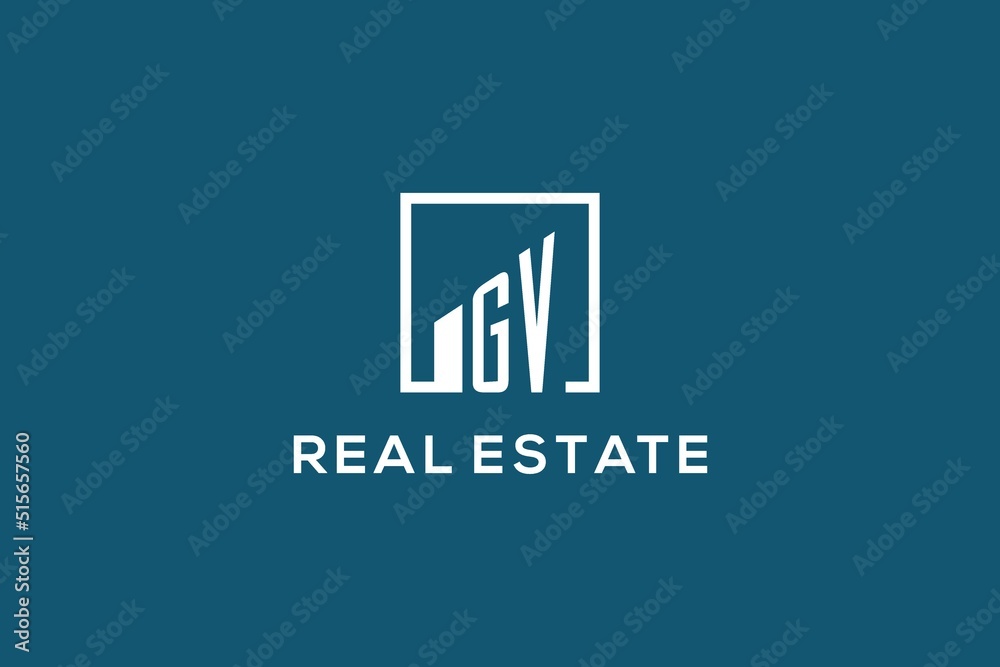 Letter GV square line with building logo design, creative monogram logo