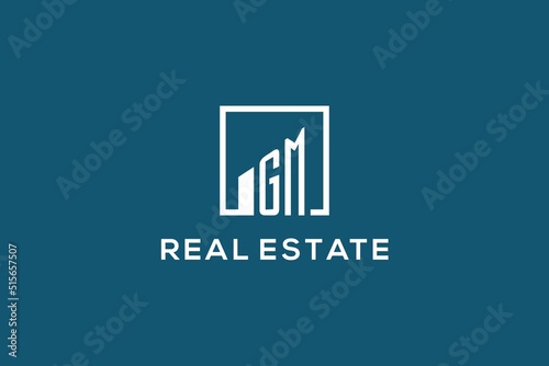 Letter GM square line with building logo design, creative monogram logo style for real estate company