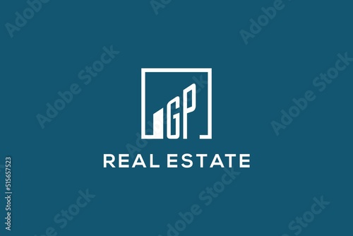 Letter GP square line with building logo design, creative monogram logo style for real estate company