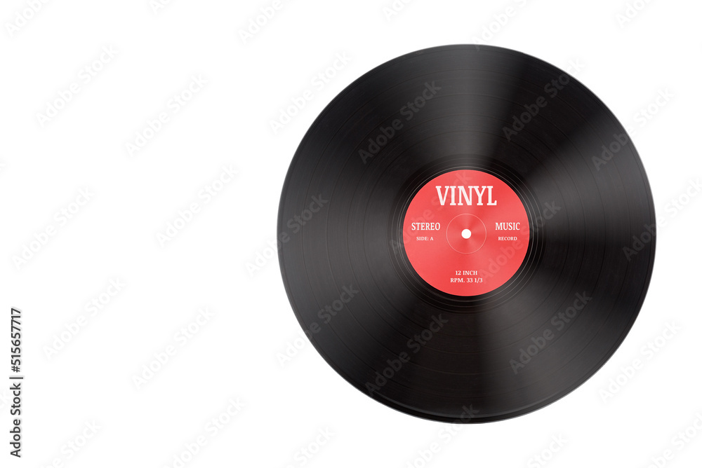 Closeup view of gramophone vinyl LP record or phonograph record with red  label. Black musical long