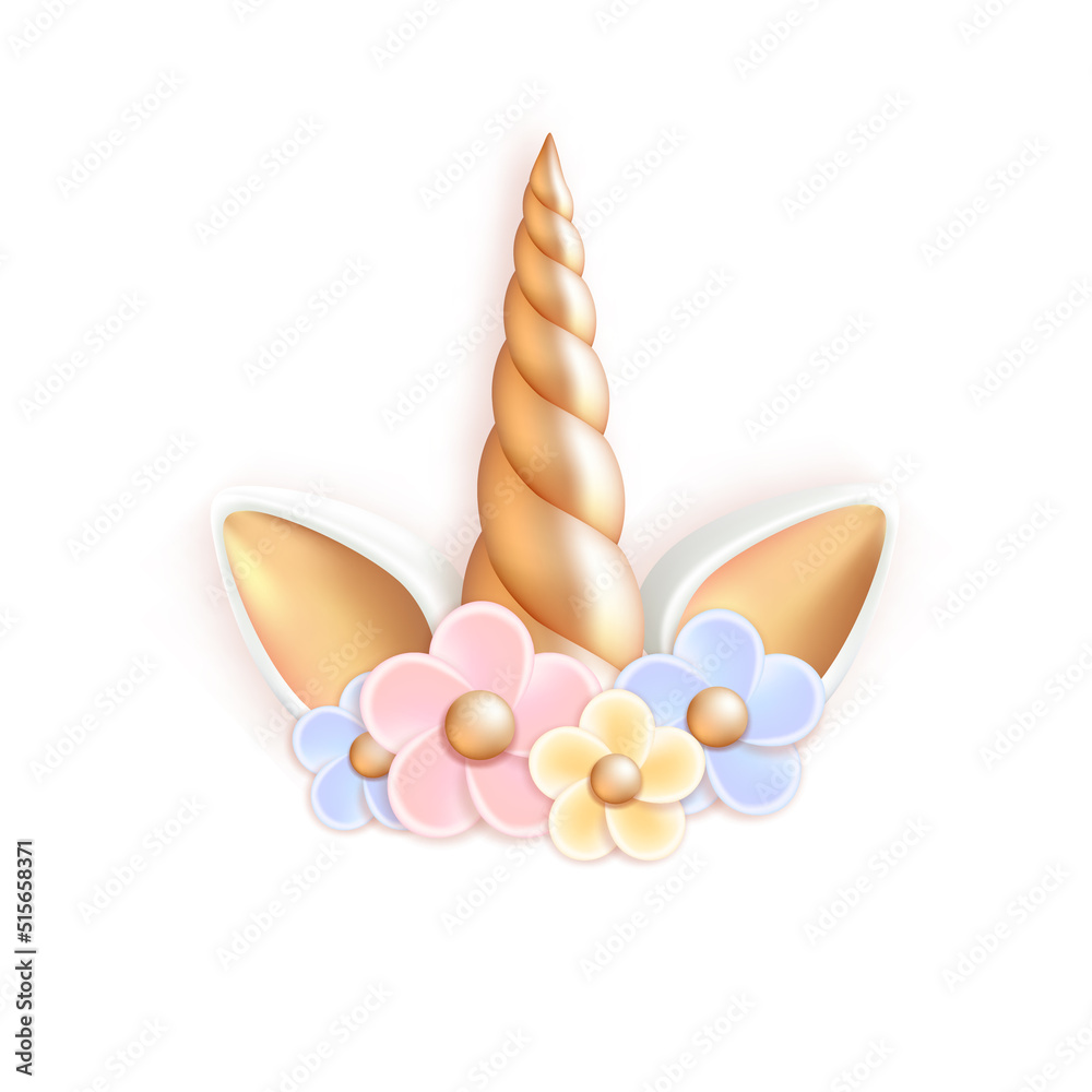 Unicorn horn, ears and flowers, vector cartoon illustration isolated on  white background. Stock Vector