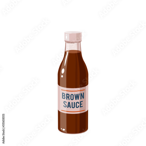 Brown sauce bottle, traditional english condiment. Vector illustration cartoon icon isolated on white background.