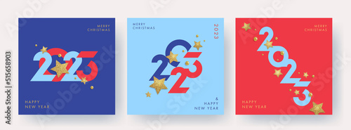 Creative concept of 2023 Happy New Year posters set. Design templates with typography logo 2023 for celebration and season decoration. Minimalistic trendy backgrounds for branding, banner, cover, card