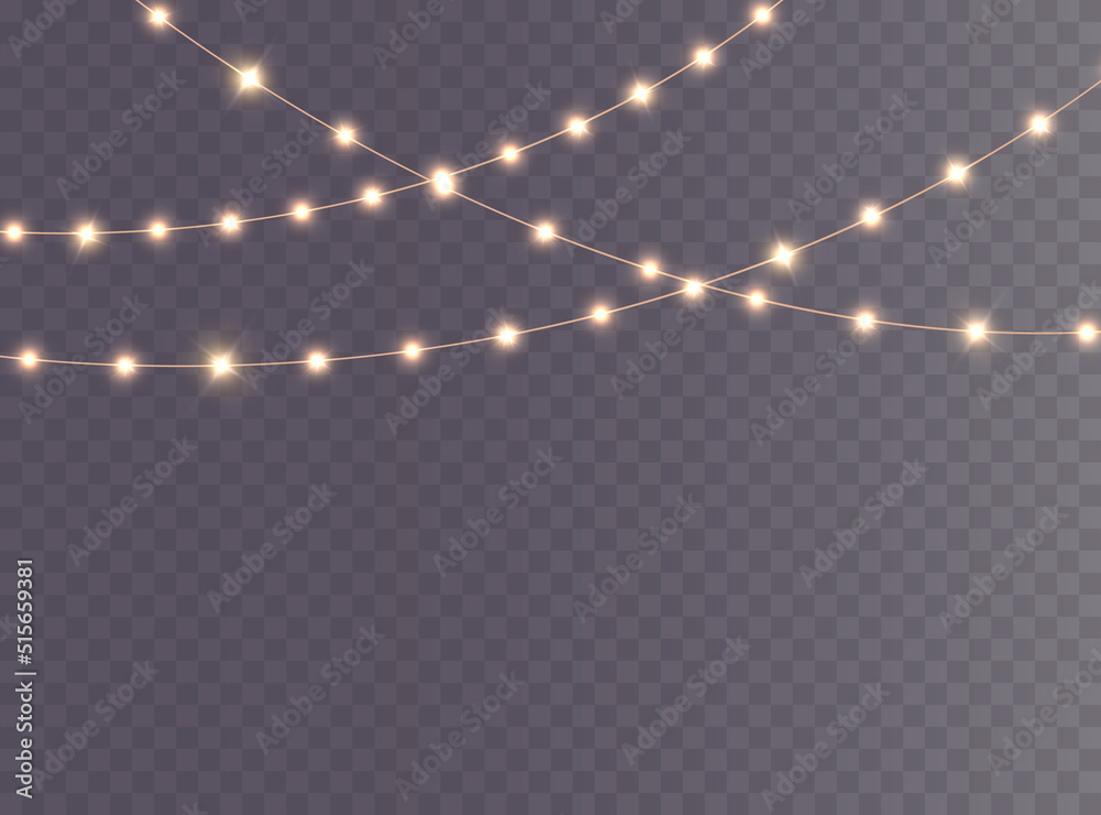 Festive Christmas light gold garlands PNG. Decor element for postcards, invitations, backgrounds, business cards. Winter new collection 2023.