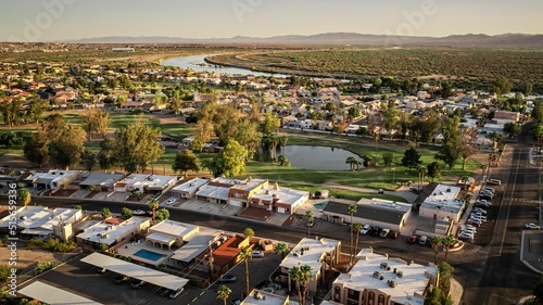 Aerial view of Bullhead City with the Colorado River flowing in the background photo