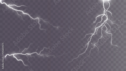 Light white isolated vector lightning png. Magic light abstract lines. Realistic natural lightning effects.
