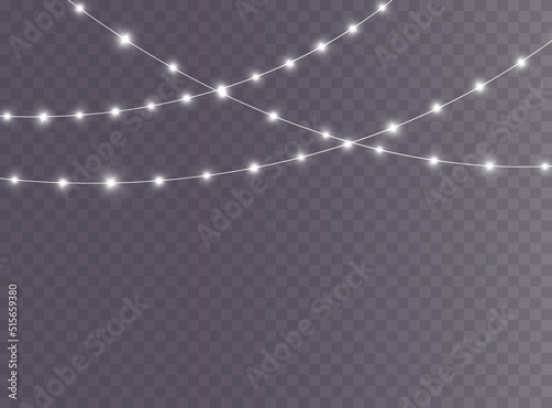 Festive Christmas light white garlands PNG. Decor element for postcards, invitations, backgrounds, business cards. Winter new collection 2023.