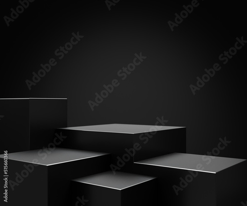 Elegant black cube stand for product placement mockup. Dark podium exhibition scene background. Minimal box platform showroom with spot light. © hitdelight