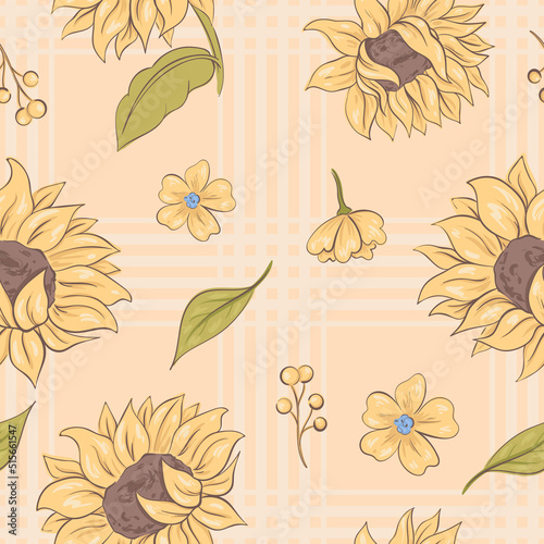 seamless rustic pattern with sunflowers and yellow wildflowers