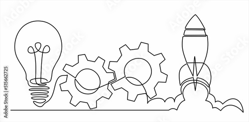 continuous line drawing of gears, lights idea and Rocket launch, ship.Continuous line drawing. Startup business. Vector illustration. Isolated on white background.