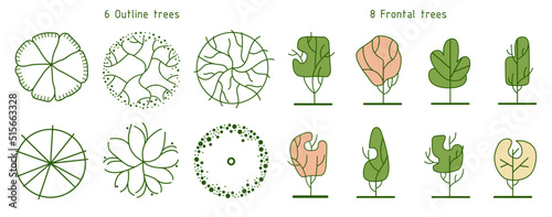 Tree for architectural floor plans. Entourage design. Various trees, bushes, and shrubs, top view for the landscape design plan. Vector illustration.