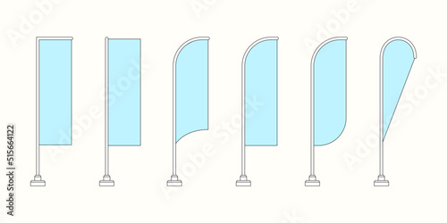 Promotional Flags Vector, Isolated Template Set. Feather Flags of Sail, Blade, Teardrop, Quill and More Forms. Mock Up Collection for Event Design, Advertising and Promo.