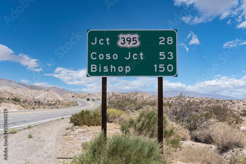 Route 395 to Bishop highway sign on Route 14 near Mojave and Lone Pine in Southern California. 